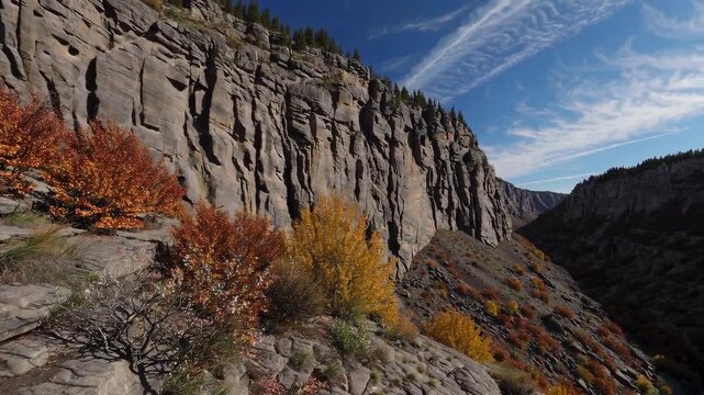 Canyon overlook with rugged cliffs and colorful serviceberry and black cherry trees in autumn light