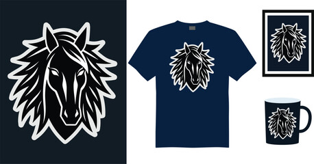 Tshirt mockup horse head graphic with jagged mane dark blue vector