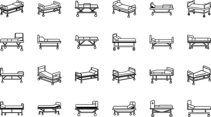 Medical and Hospital Equipment Icons Set – Bandage, Wheelchair, Mask, Bed, Syringe, Scissors, Microscope, Gloves, Nurse Cap, Tooth, Stethoscope, Scalpel, Oxygen Cylinder, Medical Tools, and Healthcare