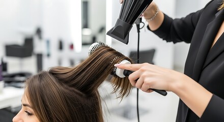 Professional Hair Stylist Drying and Styling Brown Hair in Salon
