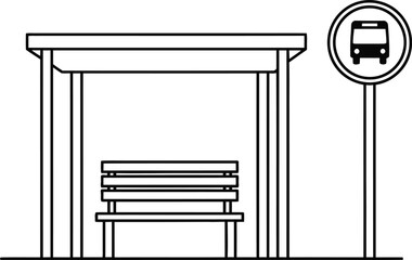 Minimalist Bus Stop Icon with Bench and Sign in Linear Style - Public Transportation

