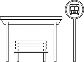 Minimalist Bus Stop Icon with Bench and Sign in Linear Style - Public Transportation

