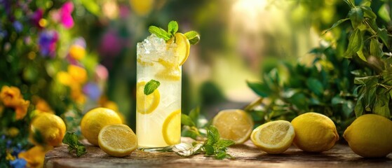 The Lemonade Glass on a Rustic Garden Table with Fresh Lemon Slices
