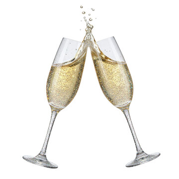 Two glitter champagne glasses toasting