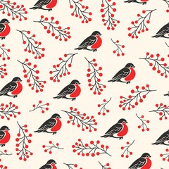 Festive pattern of birds and berries for Christmas