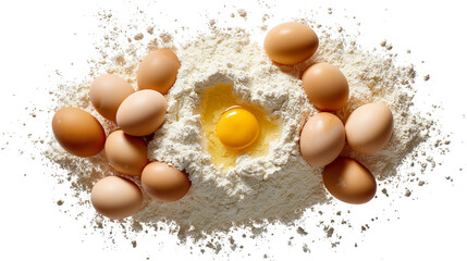 Eggs and Flour with Cracked Yolk Isolated on Transparent Background for Baking Concept