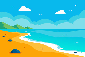 Scenic beach landscape with mountains and ocean view