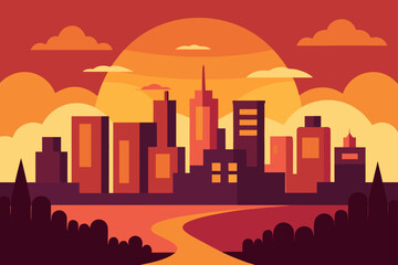 Fototapeta premium Cityscape silhouette against a sunset illustration