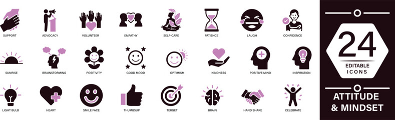 Attitude & Mindset Icon Set featuring positive thinking, motivation, happiness, and growth mindset symbols. Perfect for self-development, education, and psychology projects.