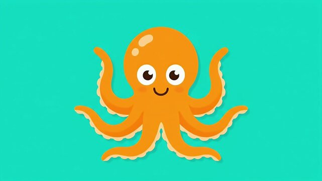 Cute Orange Octopus Cartoon Illustration on Teal Background.