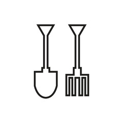 Two outline icons of gardening tools a shovel on the left and a fork on the right against a white backdrop