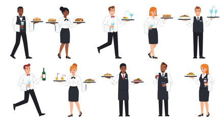 A diverse collection of cartoon waiters and waitresses in professional uniforms serving food and drinks on trays.