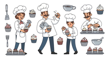 Cartoon Chefs Baking and Decorating Delicious Cupcakes with Kitchen Tools.