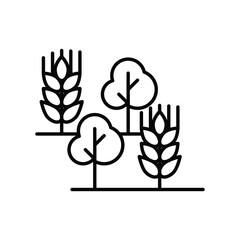 Two stylized trees flank two wheat stalks on a flat surface