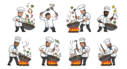 Cartoon Chefs Cooking Food in Woks Over Flames.