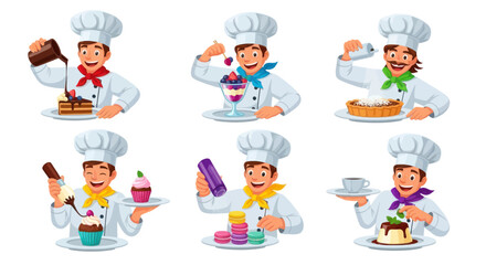 Cheerful Cartoon Chef Presenting Various Delicious Desserts and Treats.