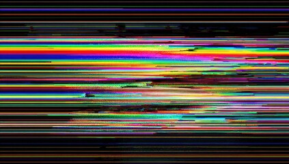 Abstract, horizontal lines in various colors create a visual glitch effect against a black background