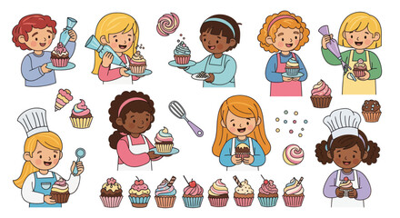 Diverse children happily decorating and enjoying cupcakes and sweets.