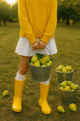 A young girl in a yellow sweater and white skirt holds a bucket of pears. She wears yellow rain rubber boots. Two buckets of pears are on the grass in a sunny orchard. Autumn fresh harvest.