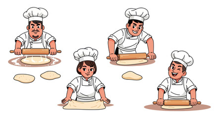 Diverse Cartoon Chefs Rolling Dough with Rolling Pins.