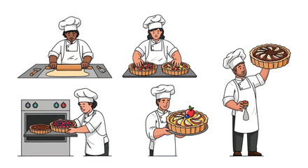 Cartoon Bakers Preparing and Presenting Various Baked Goods.