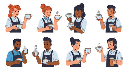 Diverse Baristas Serving Hot Beverages in a Coffee Shop Setting.