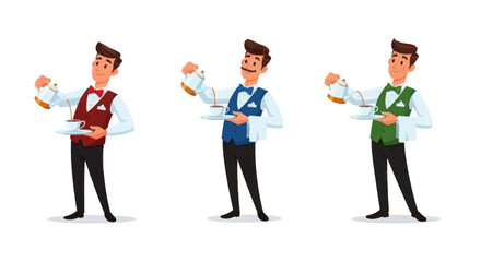 Set of three cartoon waiters in colorful vests holding trays with a glass of beer.