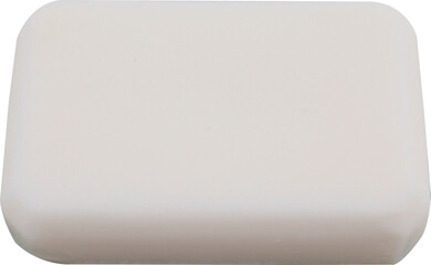 A simple white bar of soap in rounded rectangle shape lying on a white surface PNG cutout transparent background isolated