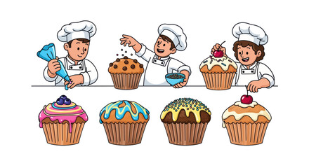 Bakers Decorating Delicious Cupcakes with Frosting and Toppings.