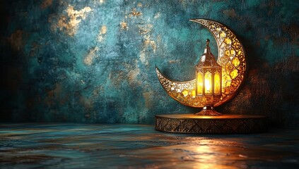 Golden lantern and crescent moon illuminating in the dark for ramadan kareem