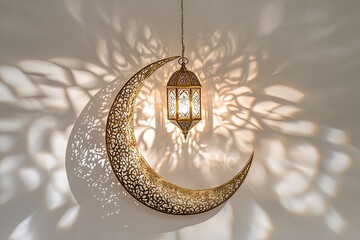 Ramadan kareem decorative golden lantern and crescent moon casting shadow on wall