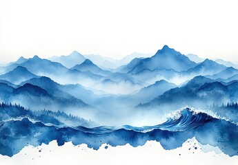 Watercolor painting of blue mountain range isolated on white background