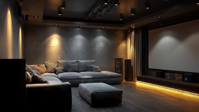 Modern, dark-toned home theater with a large sectional sofa, screen, and recessed lighting