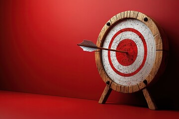 Arrow hitting the center of the target on red background with copy space