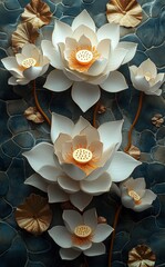 Elegant white lotus flowers with golden accents on a textured background
