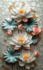 Beautiful white lotus flowers with orange accents on a mosaic background