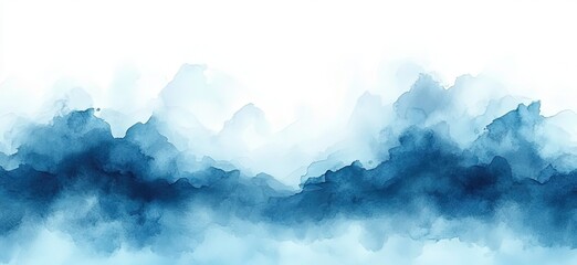 Abstract blue watercolor background with cloudscape and mountain illustration