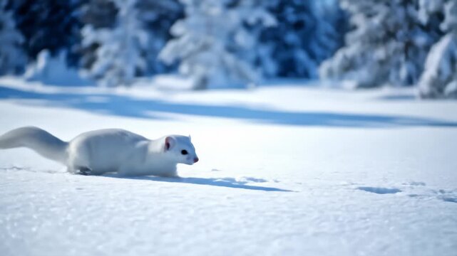 Stoat Running Through the Snow in Winter Forest
