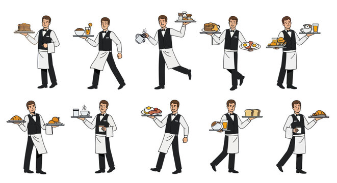 Collection of Waiters Carrying Trays of Food and Drinks Wearing Uniforms.