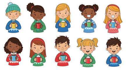 Diverse Group of Children Holding Hot Drinks in Winter Clothing Cartoon Style.