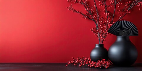 Minimalist still life with red berries and black vases on red background