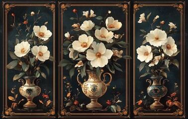 Triptych of dogwood flowers in antique vases with dark background art
