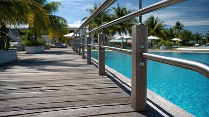 Wooden boardwalk and stainless steel railing by a tropical swimming pool