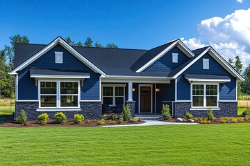 Beautiful blue single family home with green lawn on a sunny day
