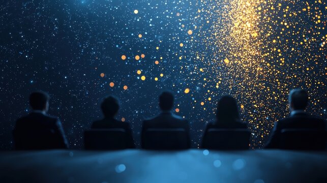 Investment and Strategy Group of business professionals discussing investment strategies, modern office setting with a large screen displaying financial data, represents collaborative decision making