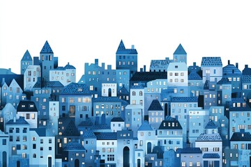 Watercolor painting of a blue city with many buildings isolated on white background