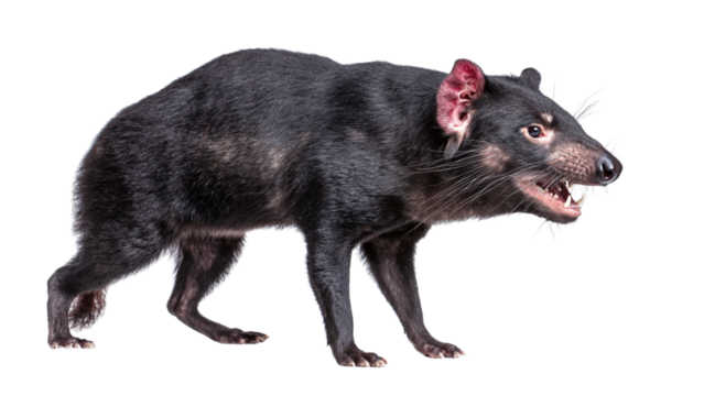 Fierce tasmanian devil with bared teeth and sharp claws standing against a black background