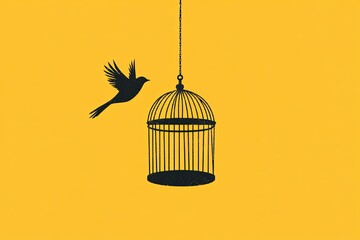 Bird flying away from the cage on yellow background, symbol of freedom