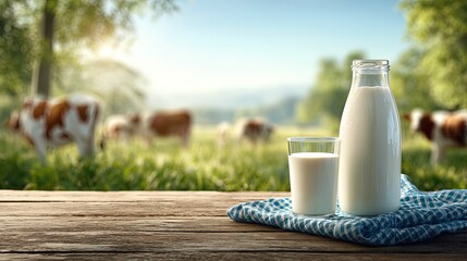 Fresh milk in glass bottle and glass on wooden table with cows grazing
