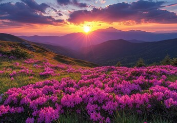 Beautiful sunset over the mountains with blooming rhododendron flowers